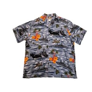 VTG  Kalaheo Hawaiian Shirt Mens Size 2XL WW11 US Navy Battleships Hawaii Aloha